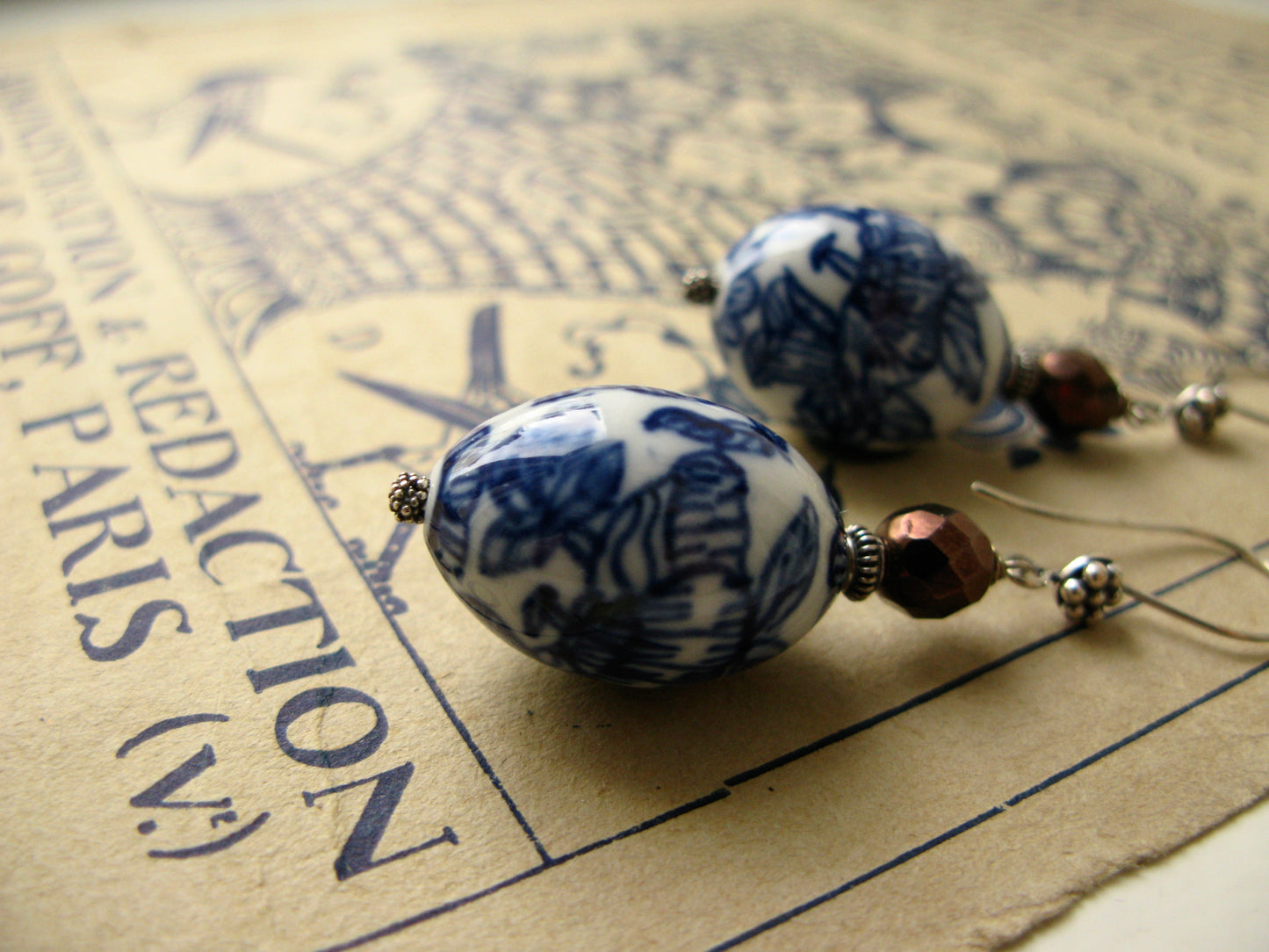 Blue + white porcelain bead earrings