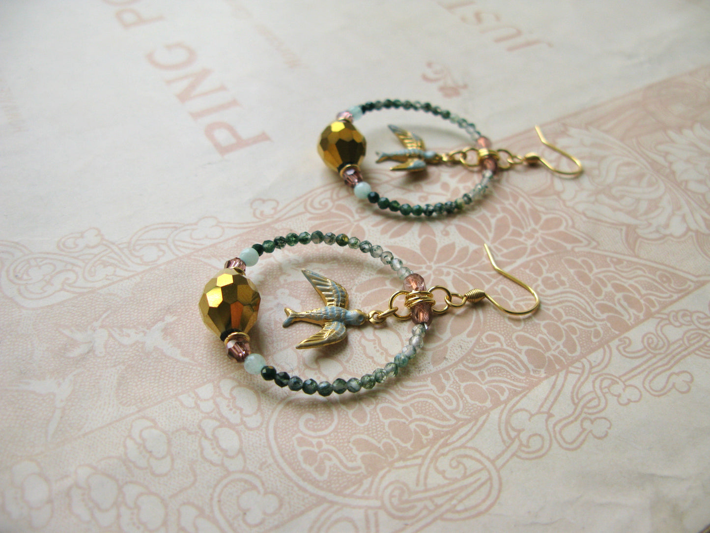 Secret Garden Birdie hoop earrings in moss green
