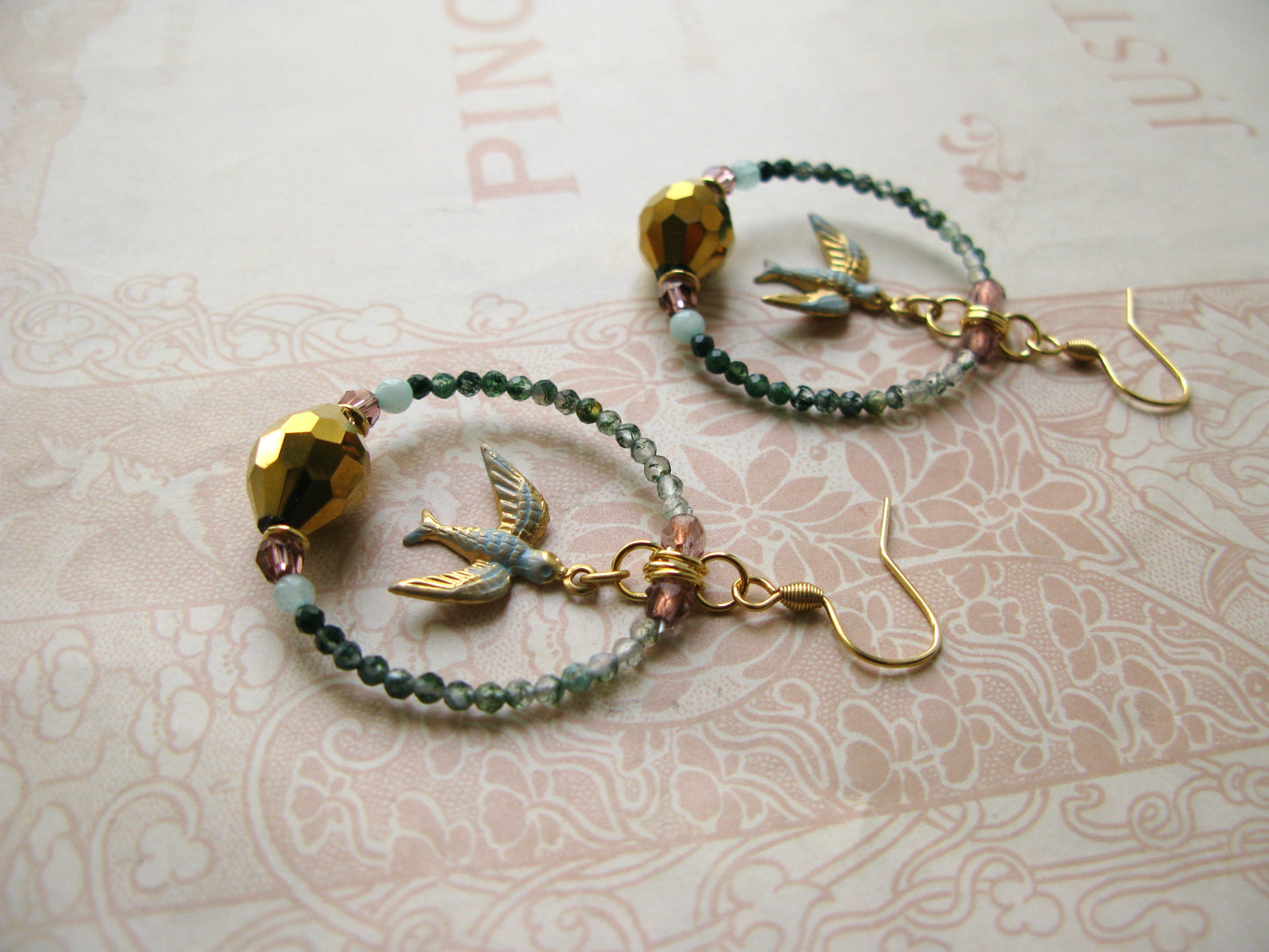 Secret Garden Birdie hoop earrings in moss green