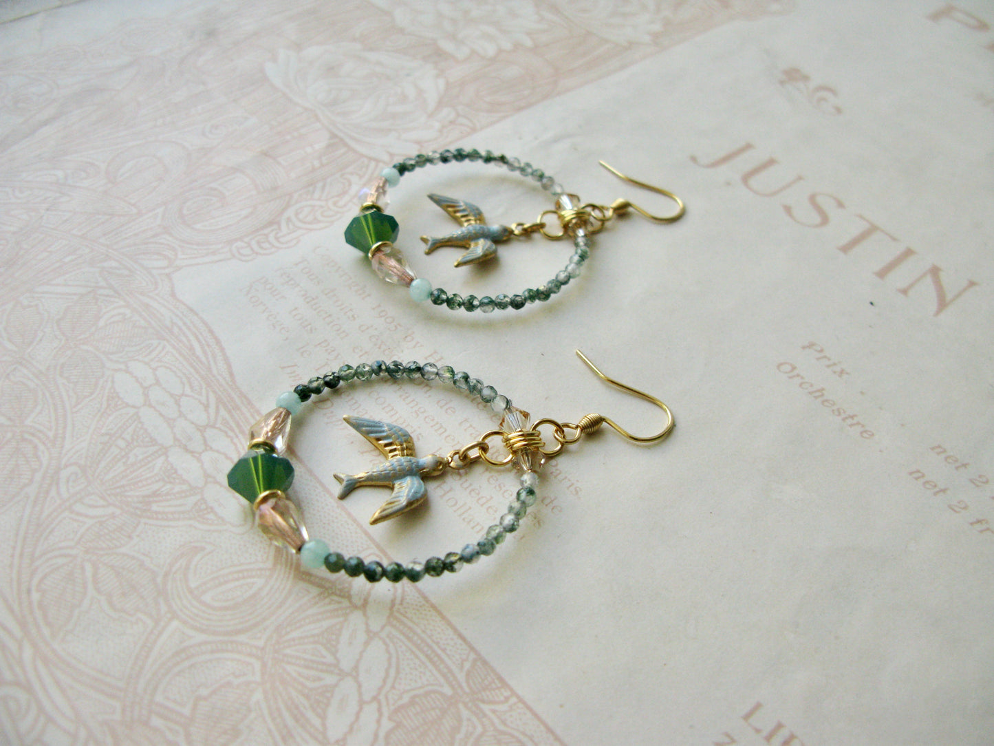 Secret Garden Birdie hoop earrings in green