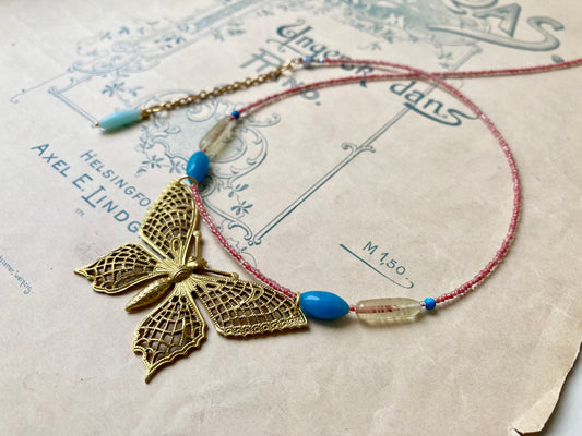 Papillon necklace in turquoise + red