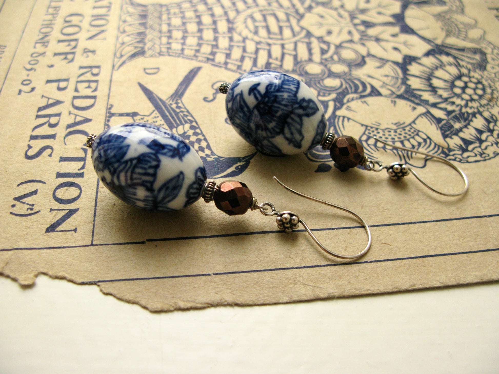 Blue + white porcelain bead earrings