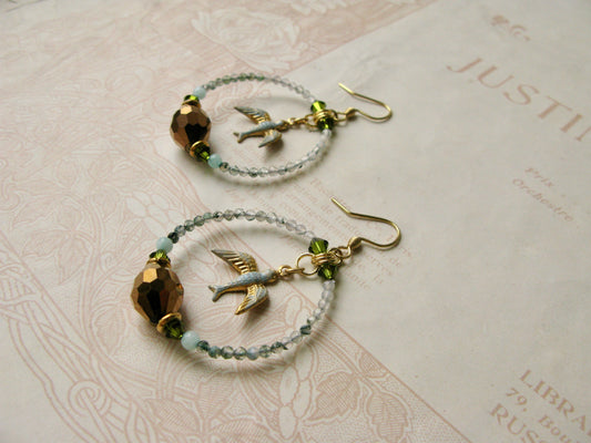 Secret Garden Birdie hoop earrings in moss/olive green