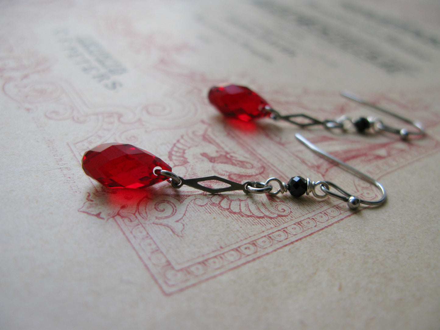 Old Hollywood crystal drop earrings in red