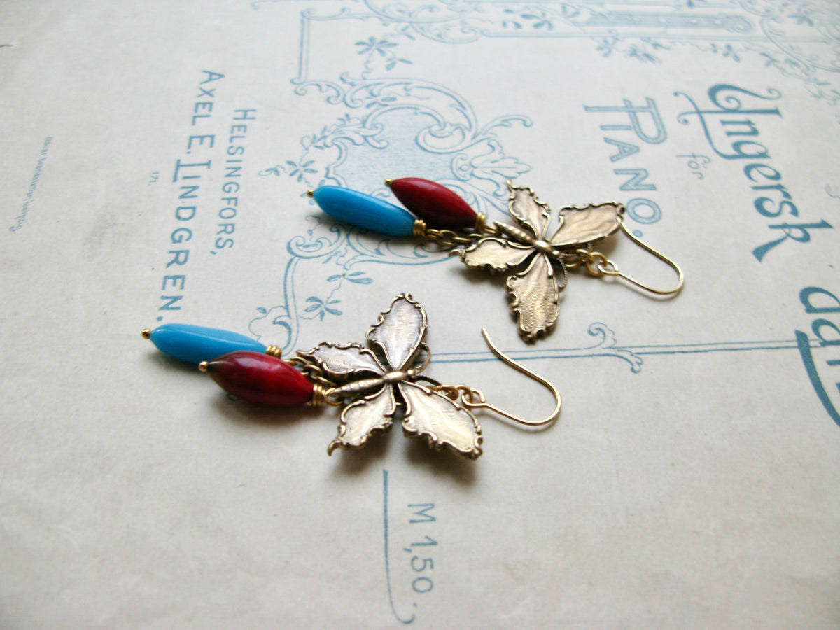 Papillon earrings in turquoise/red (Kopio)