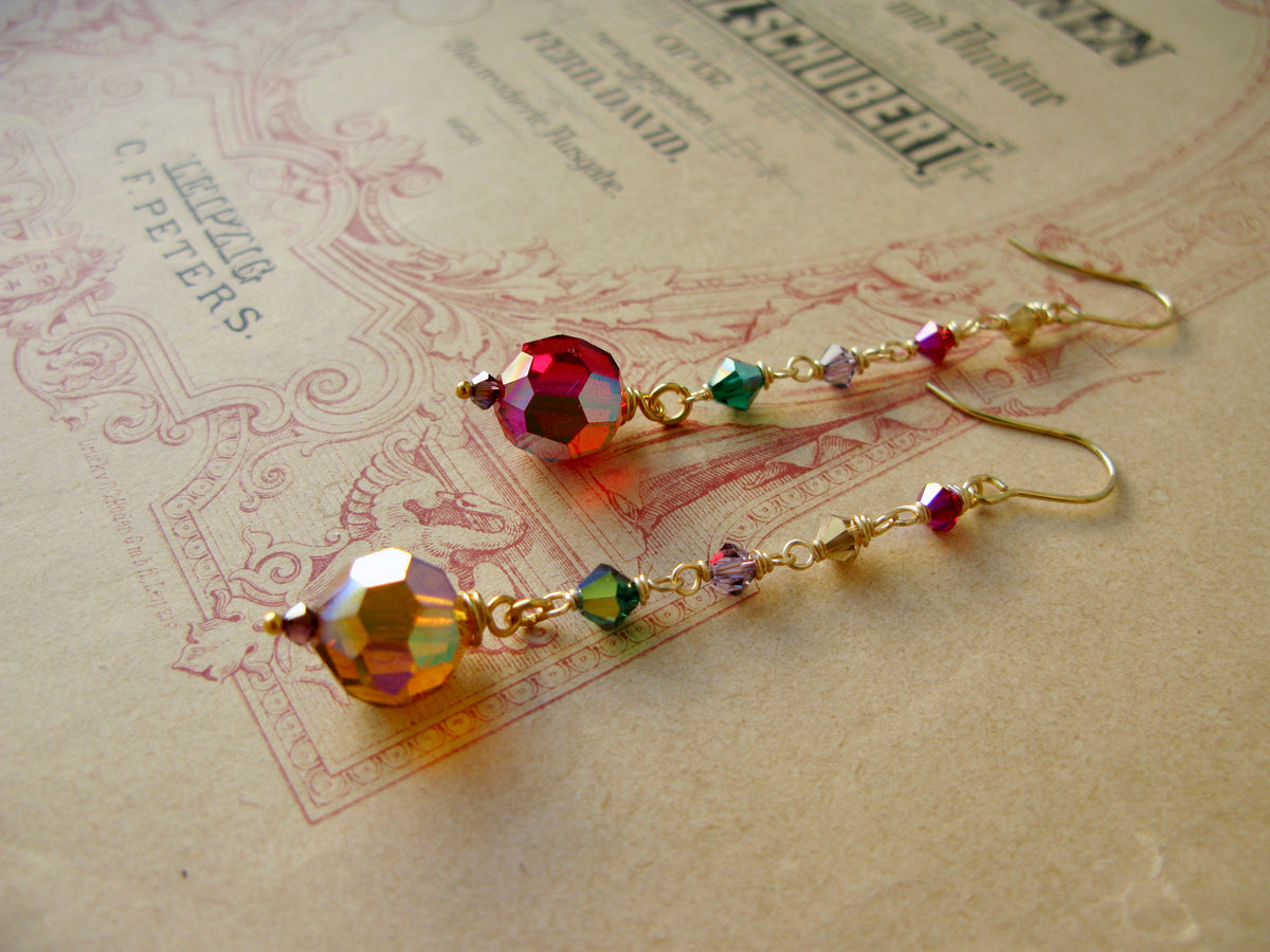 Queen of Hearts crystal drop earrings in red+topaz