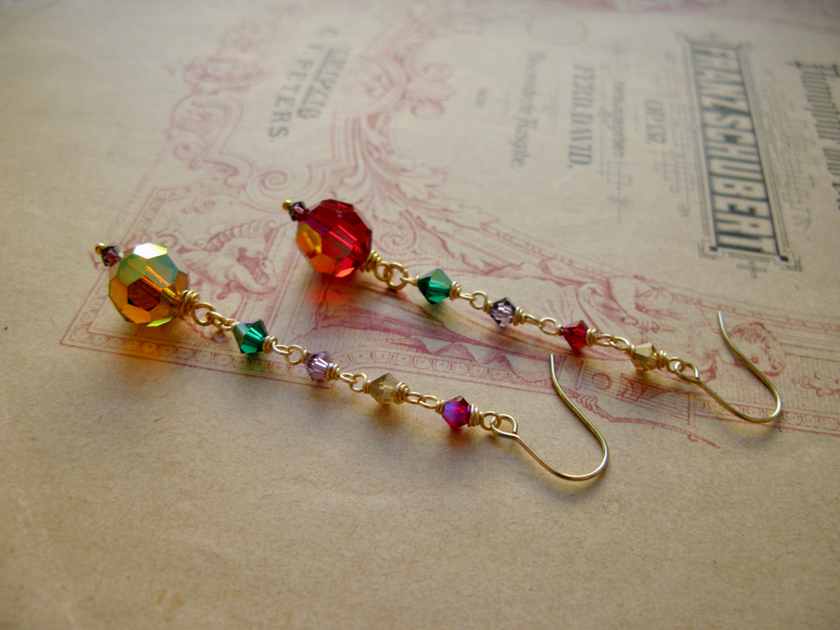 Queen of Hearts crystal drop earrings in red+topaz