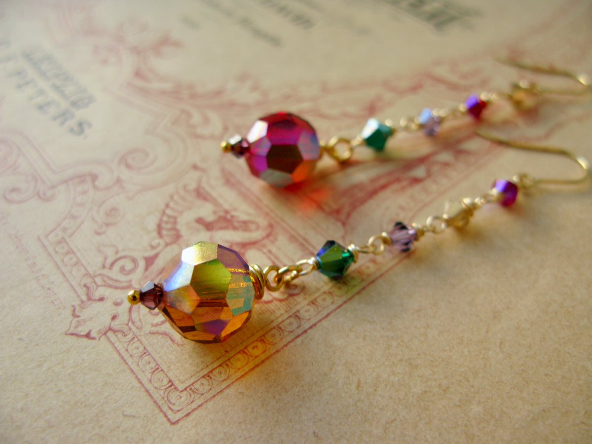 Queen of Hearts crystal drop earrings in red+topaz