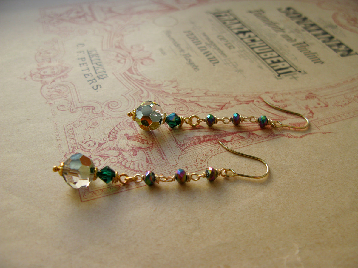 Queen of Hearts crystal drop earrings in metallic sparkle + emerald