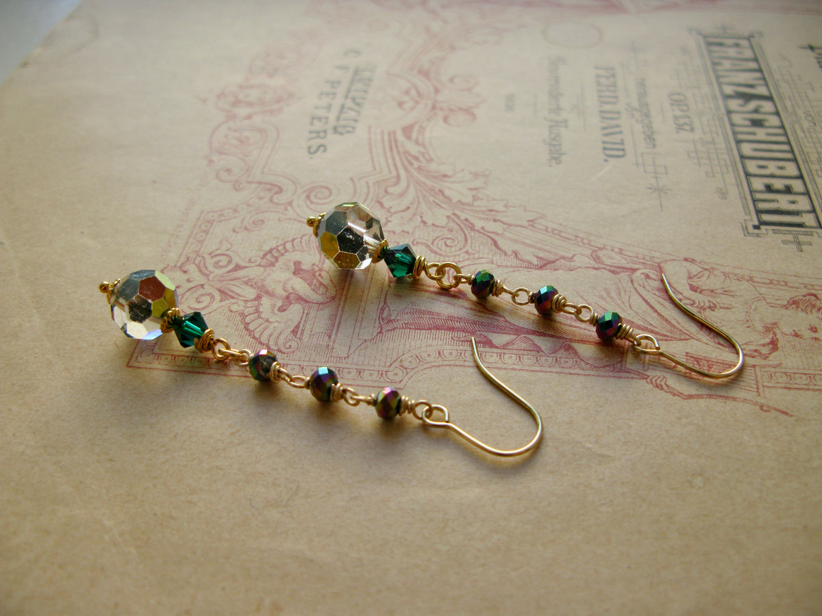 Queen of Hearts crystal drop earrings in metallic sparkle + emerald