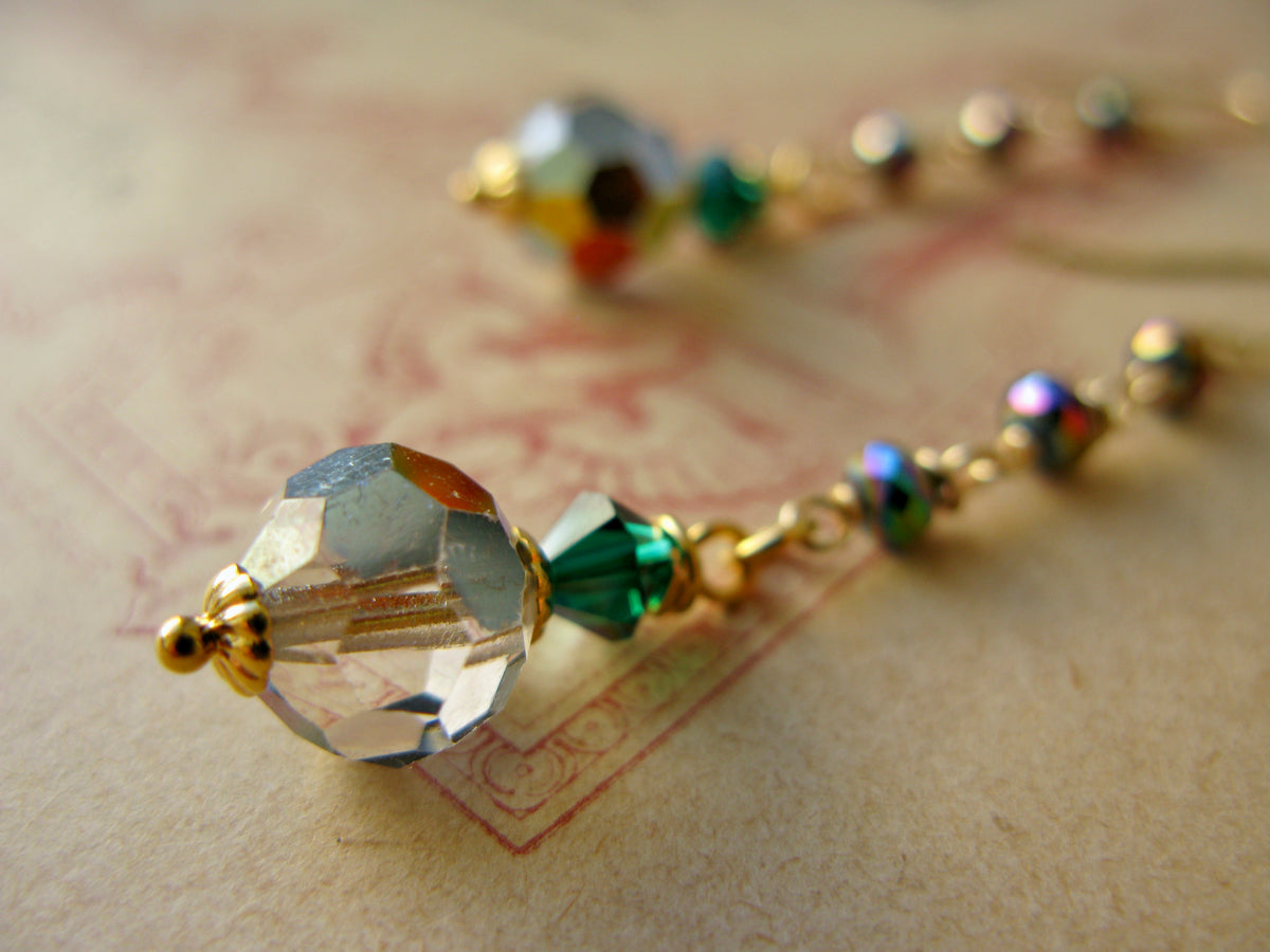 Queen of Hearts crystal drop earrings in metallic sparkle + emerald