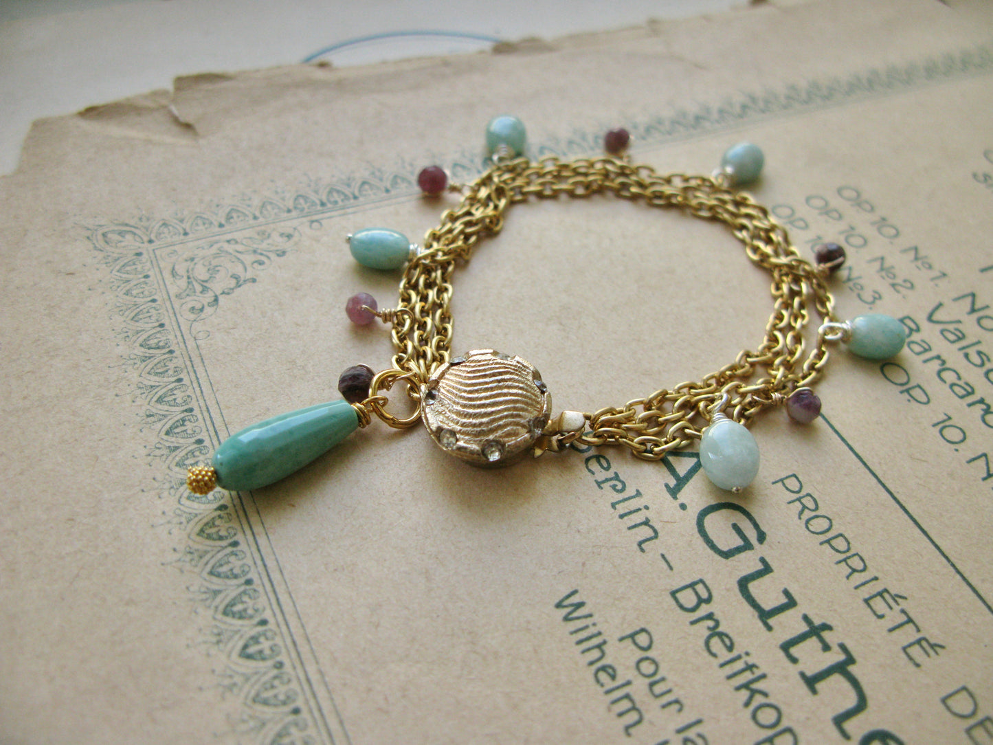 Waves 3-chain stone charm bracelet